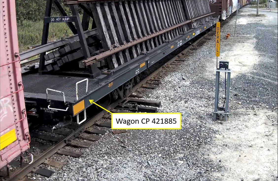 Wagon CP 421885 au départ de Toronto, le 16 juillet 2018 (Source : Chemin de fer Canadien Pacifique, avec annotations du BST)