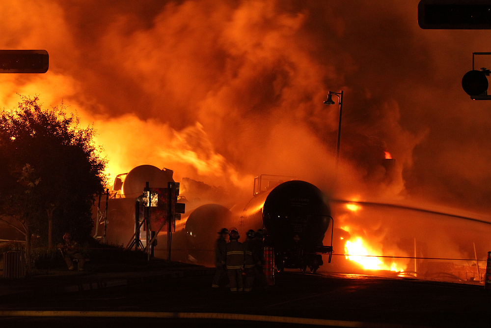 Freight train burning in Lac-Megantic, Quebec
