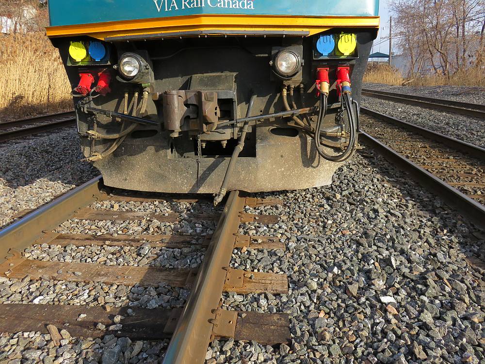 Photo of the VIA Rail locomotive off the track