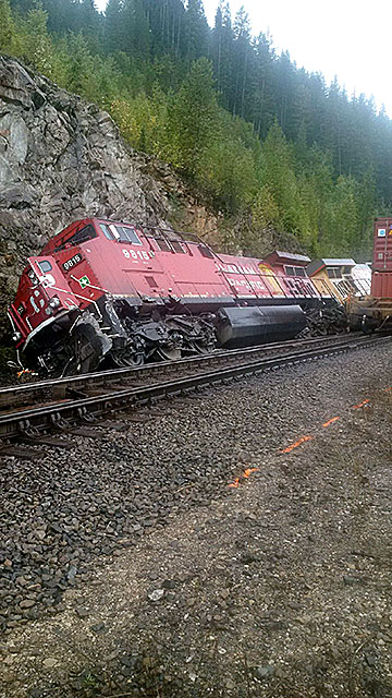 Image of the derailed locomotive near Golden, British Columbia