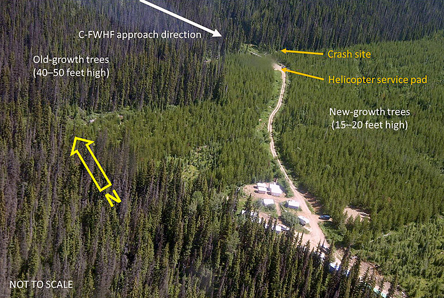 Aerial-view photograph of the base camp and accident site, taken in 2013