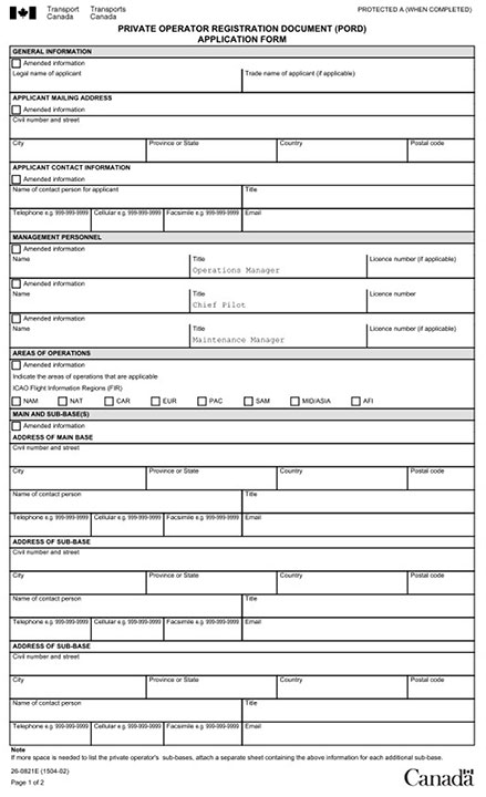 Private operator registration document application form - 1/2