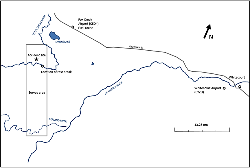 Map indicating the point of departure, the survey area, and the accident site