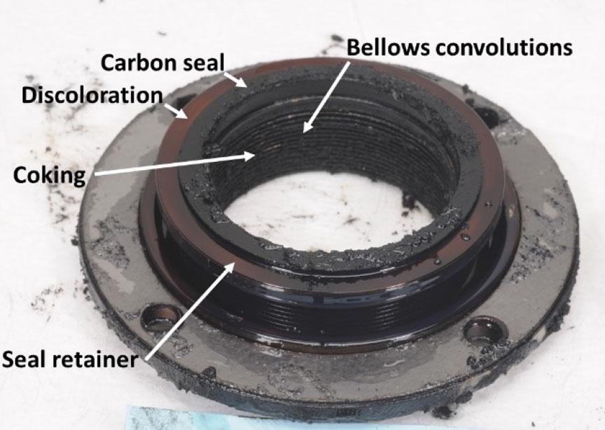Air-oil seal assembly (stationary seal), showing discoloration and coking