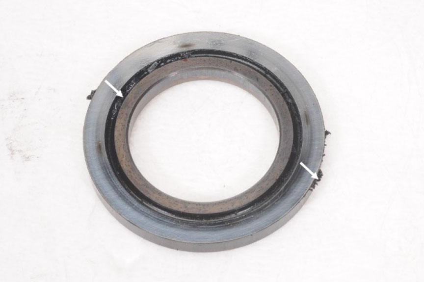 Air-oil seal assembly (rotor seal), with coking indicated by the white arrows