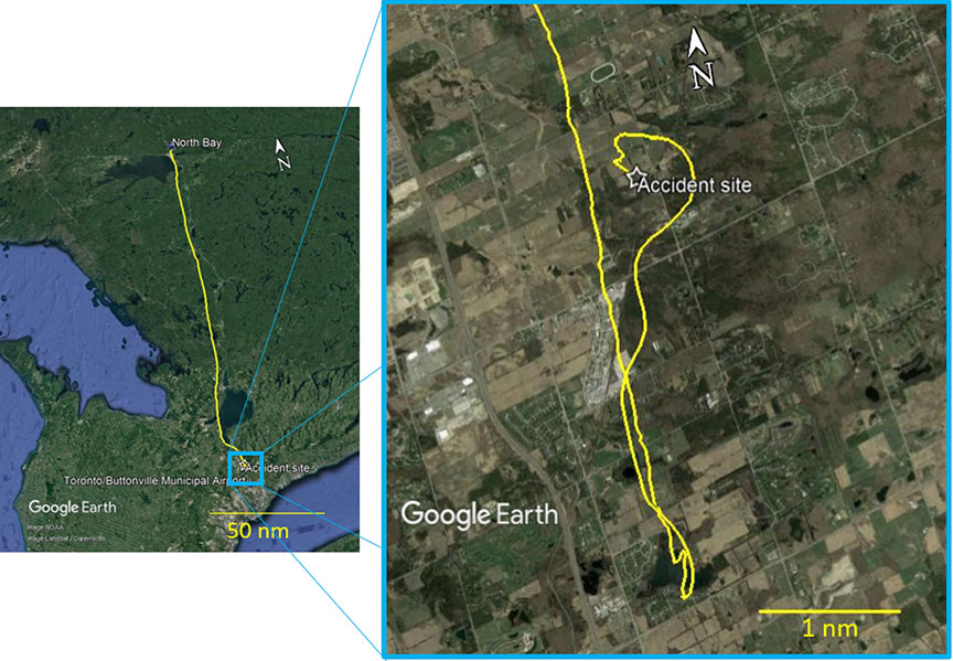 Occurrence helicopter's flight path with expanded view of accident site