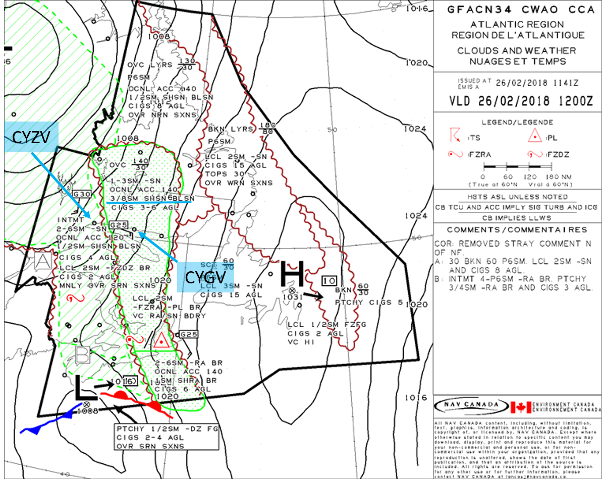 Clouds and Weather chart for the graphic area forecast issued at 1200 UTC on 26 February 2018