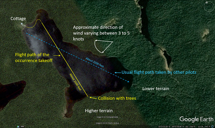 Diagram showing the flight path of the occurrence takeoff on Jules Lake