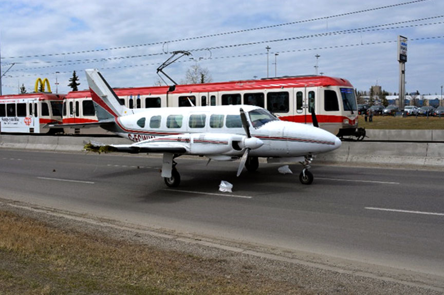 The occurrence aircraft after coming to a stop on 36 Street N.E., Calgary, Alberta