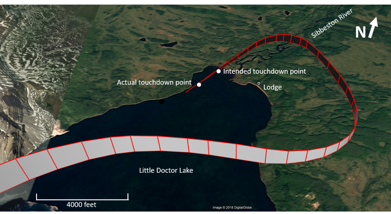  Global positioning system data showing the aircraft’s final approach to Little Doctor Lake (Source: Google Earth, map data DigitalGlobe, with TSB annotations)