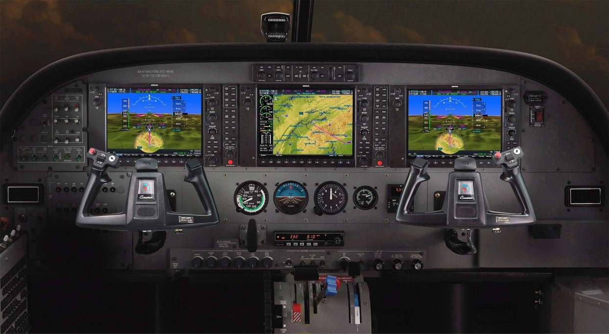 Garmin G1000 for the Cessna Caravan showing the primary flight display (left- and right-hand screens) and multifunction display (middle screen) (Source: Textron Aviation)