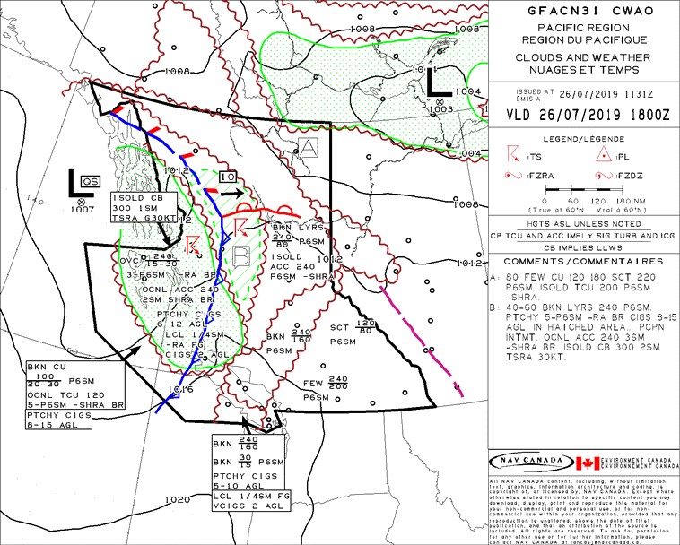 Graphic area forecast – Clouds and weather chart valid at 1100 Pacific Daylight Time (1800Z) (Source: NAV CANADA)