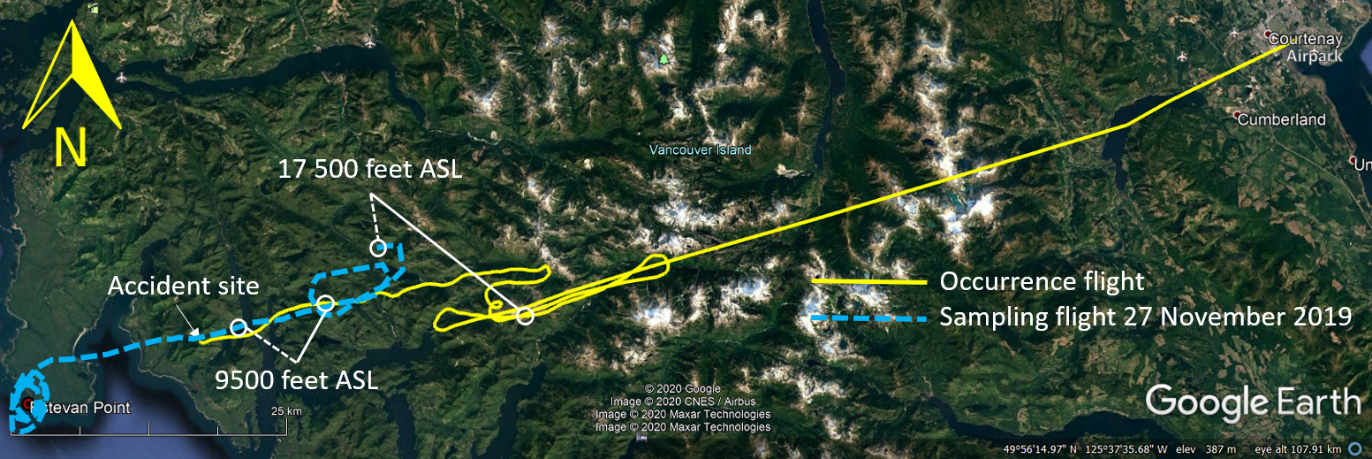 Flight paths of the occurrence flight and the previous sampling flight, based on NAV CANADA radar and National Oceanic and Atmospheric Administration GPS data (Source: Google Earth, with TSB annotations)