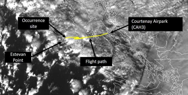 GOES 15 visible satellite image of clouds taken approximately 15 minutes after the accident (Source: Environment Canada, with TSB annotations)