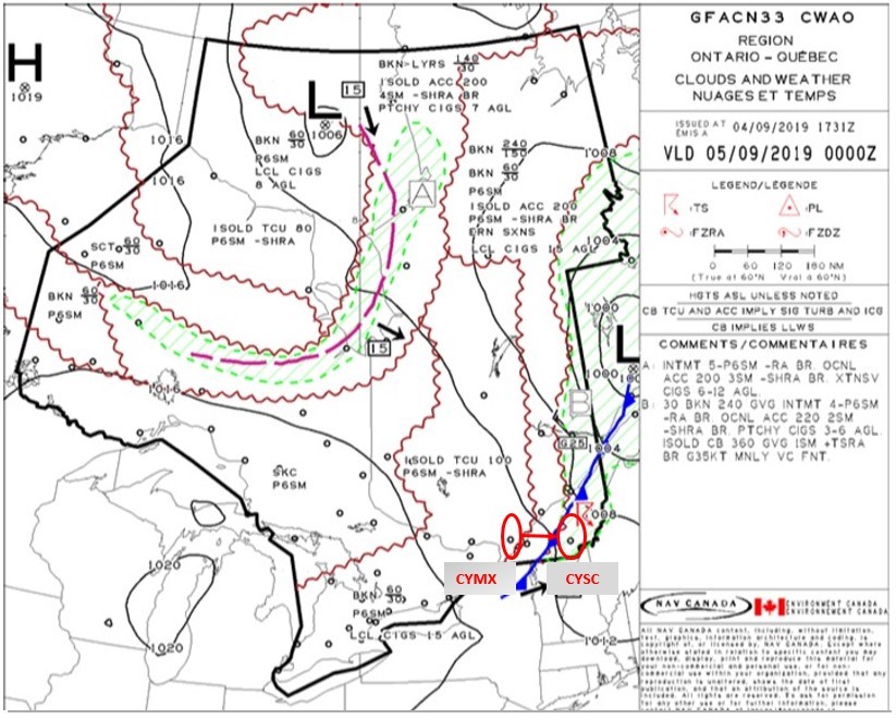 Graphic Area Forecast (GFA) Clouds and Weather Chart – GFACN33 issued at 1331 Eastern Daylight Time