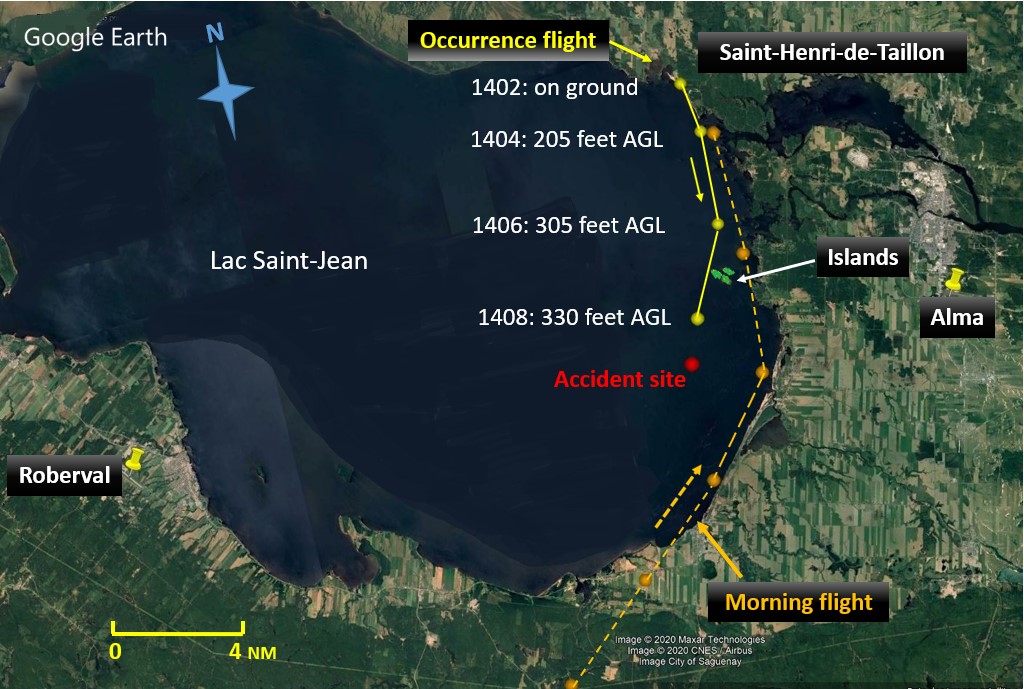 Representation of the morning flight (dashed line) and occurrence flight (solid line) (Source: Google Earth, with TSB annotations based on data from the flight tracking system)
