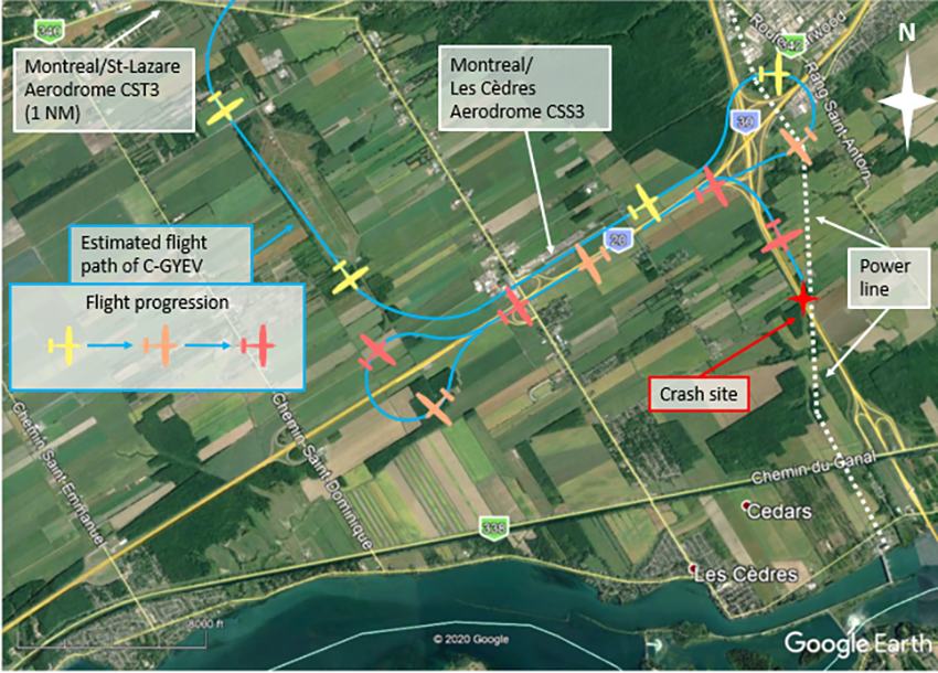 Estimated path of the occurrence aircraft (Source: Google Earth, with TSB annotations)