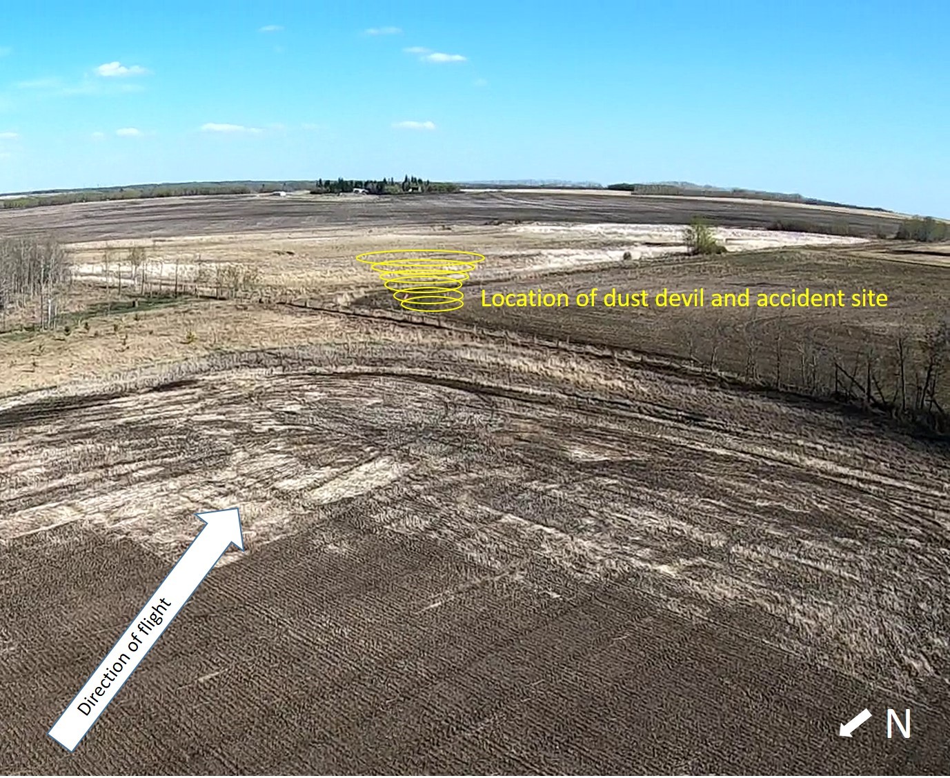 Still image from action video recorded on 13 May 2020, approximately 3 minutes before the accident, showing the location of the dust devil and the accident site, looking southeast (Source: Pilot’s action video camera, with TSB annotations)