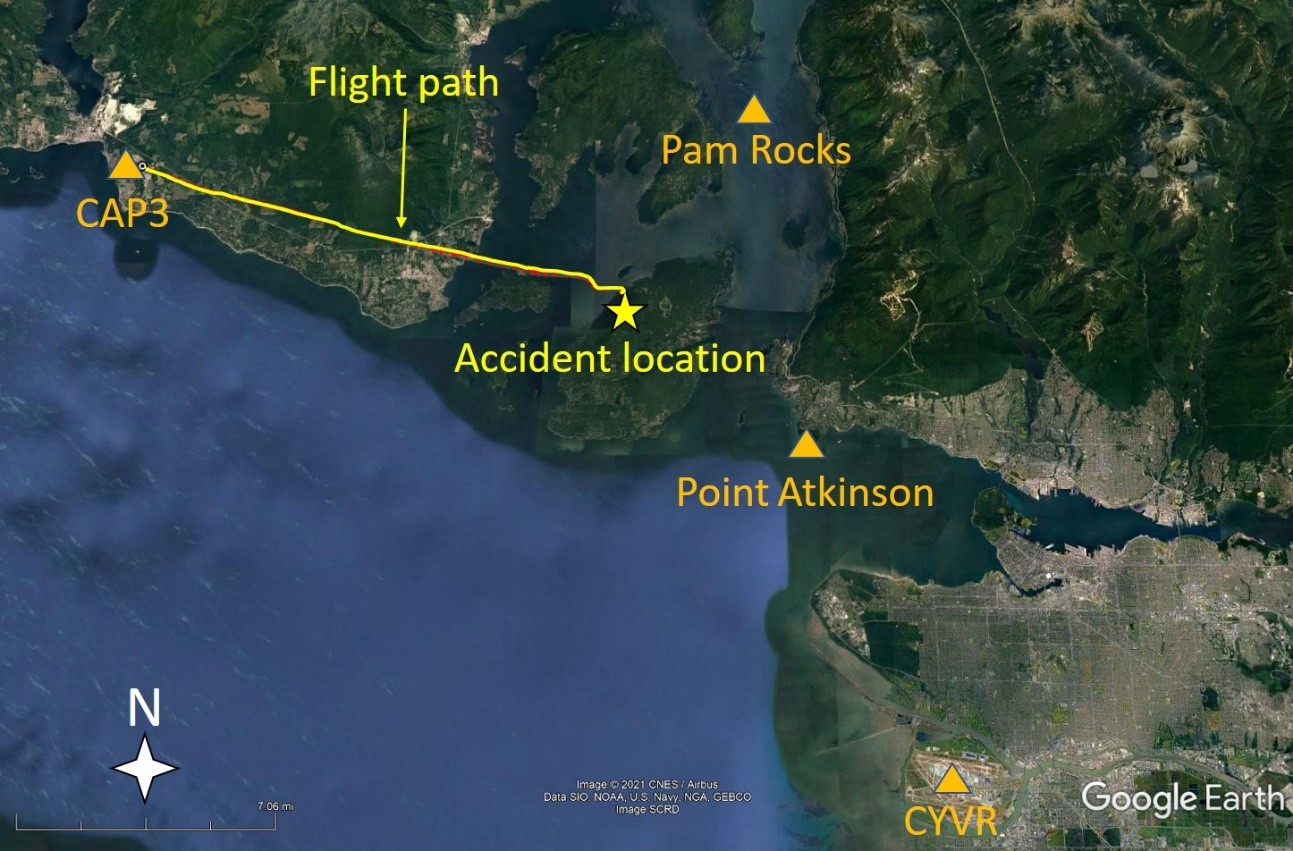Map showing weather reporting stations relative to the aircraft’s flight path and the accident location (Source: Google Earth, with TSB annotations)