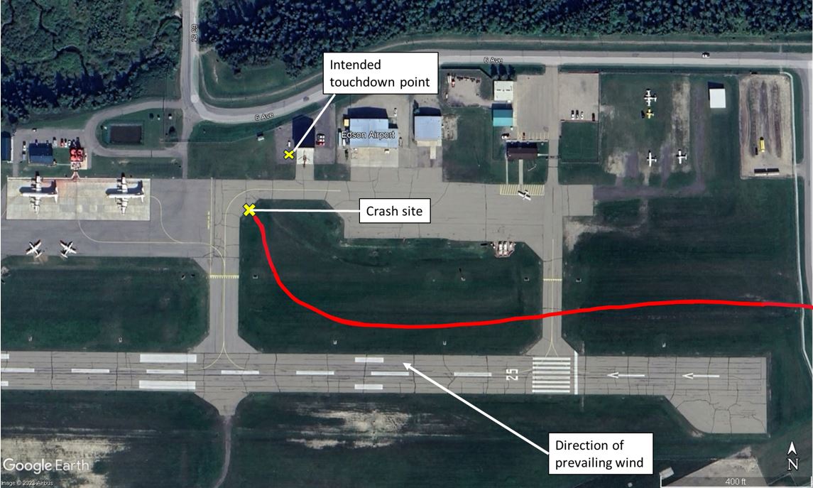 Occurrence helicopter's flight path to Edson Airport (Source: Google Earth, with TSB annotations)