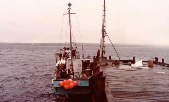 SHELLEY DAWN II, radar reflector atop metal mast, marker buoys with radar reflectors in stowed position