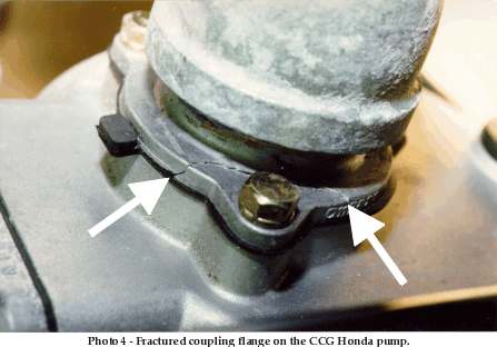 Fractured coupling flange on the CCG Honda pump 