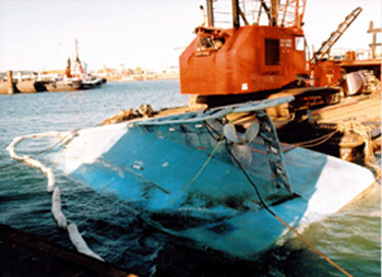 Photo 2 - Cap Rouge II raised upright at the time of salvage. 15 August 2002