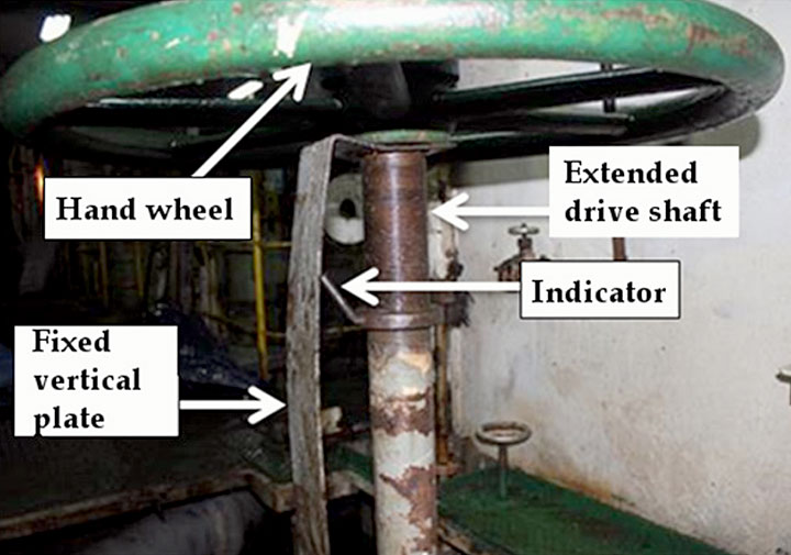 Image of the hand wheel and bent valve position indicator