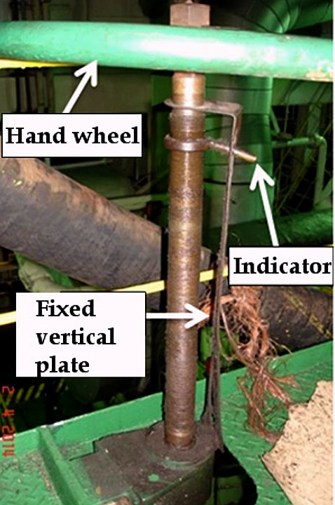 Image of the hand wheel with a deformed fixed vertical plate and bent indicator