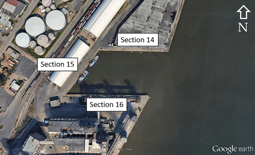 Aerial view of occurrence area showing basin of sections 14, 15, and 16 of Port of Trois-Rivières, Quebec, Canada