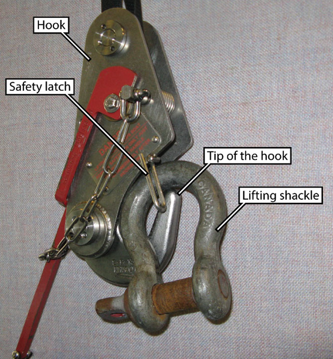 Shackle positioned on the tip of the hook