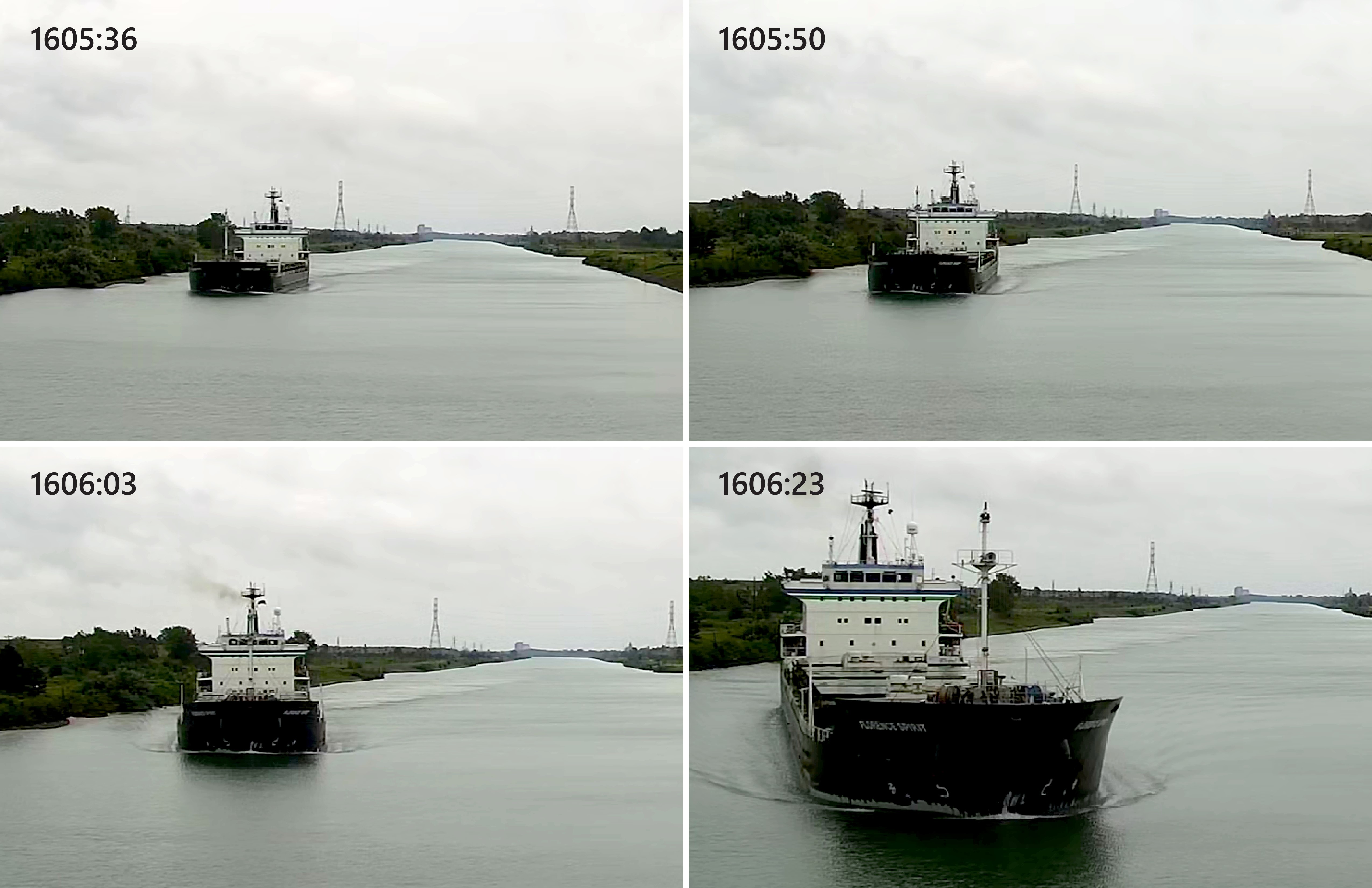 Four images taken prior to the collision, showing the Florence Spirit sheering to port over a period of 47 seconds, as seen from the Alanis (Source: ALANIS / Rambow Bereederungs GmbH & Co. KG)