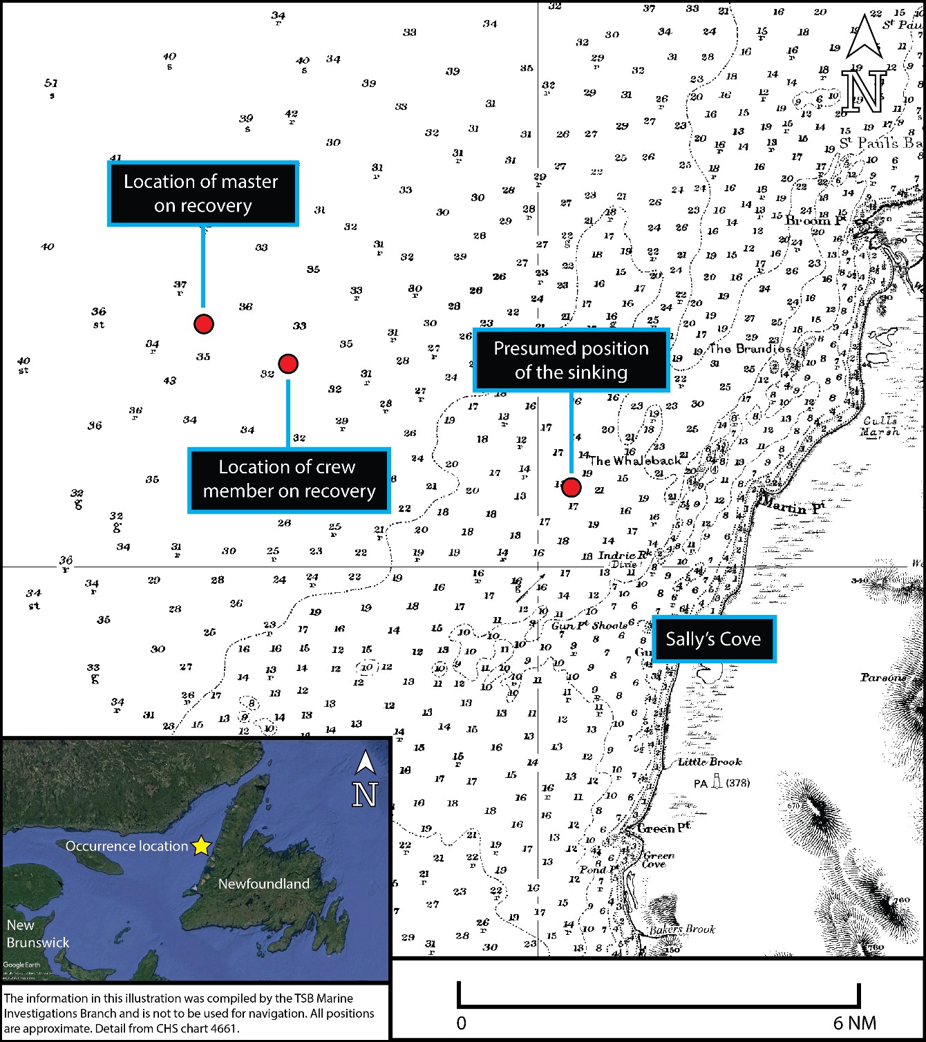 Chart of the occurrence area indicating the presumed position of the sinking and where the master and crew member were recovered (Source of main image: Canadian Hydrographic Service, Chart 4661. Source of inset image: Google Earth, with TSB annotations)