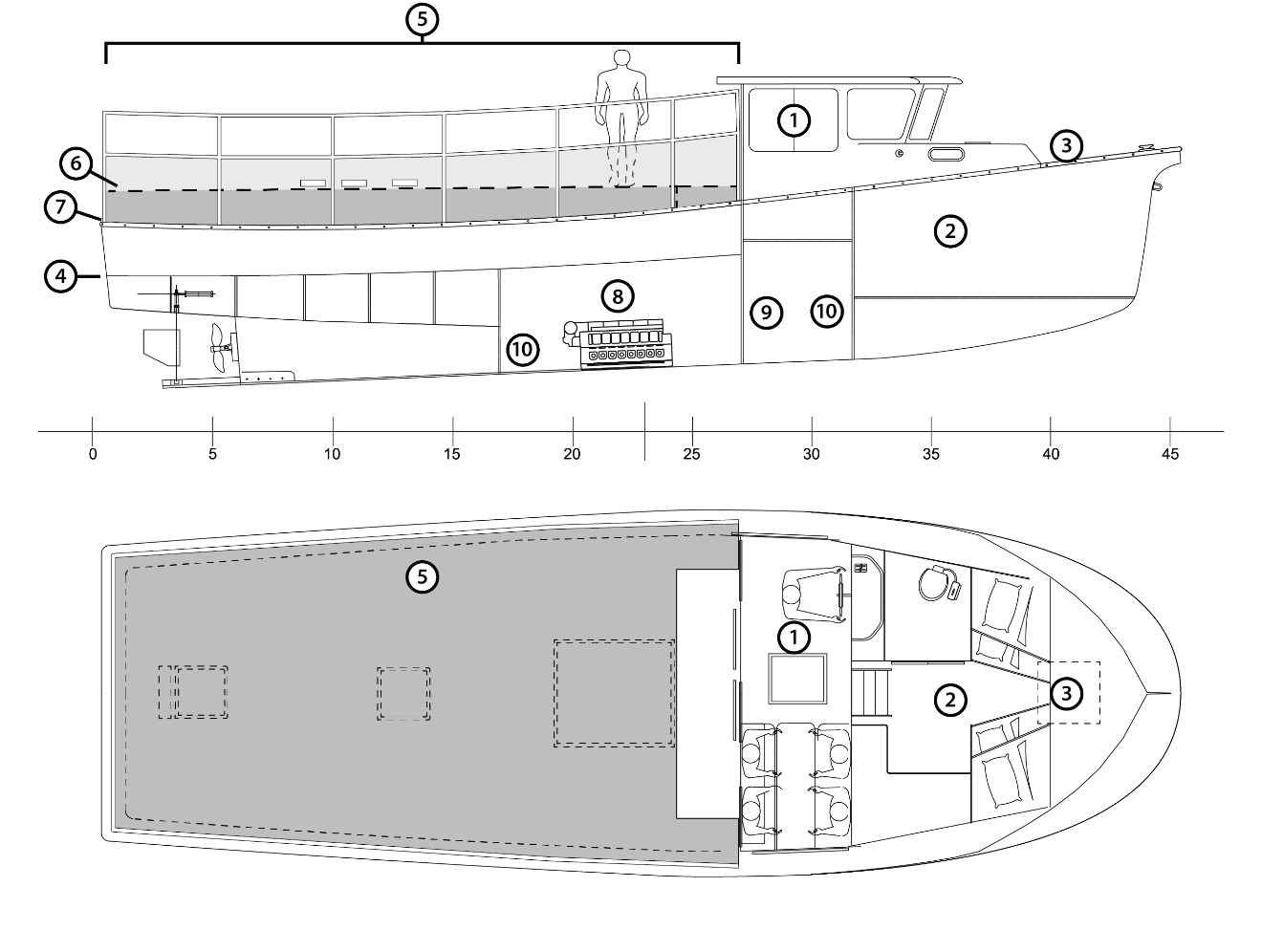 Profile and plan diagrams of the Tyhawk, showing the wheelhouse (1), the accommodation space (2), the emergency escape hatch (3), the main deck (4), the removable deck structure (5), the walking surface of the removable deck (6), the upper edge of the original bulwarks (7), the engine compartment (8), the high-level bilge sensor (9), and bilge pump locations (10) (Source: TSB, based on drawings from Guimond Boats Ltd.)