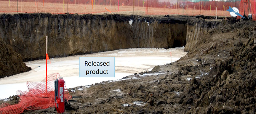 Existing excavation pit containing the released product