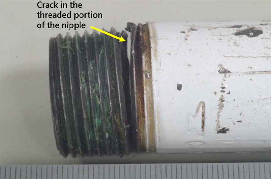 Crack in the ¾-inch threaded portion of the nipple