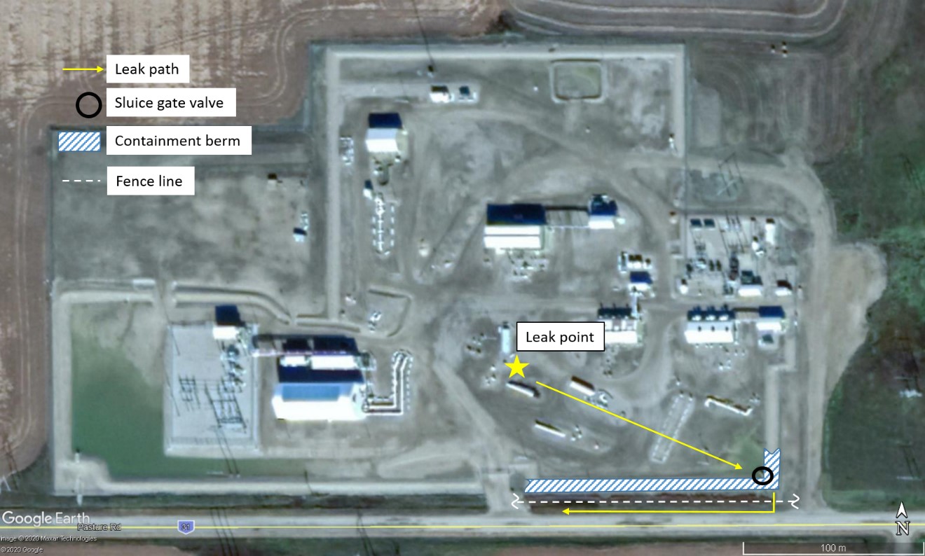 Overview of Herschel pump station indicating the release path (Source: Google Earth, with TSB annotations)