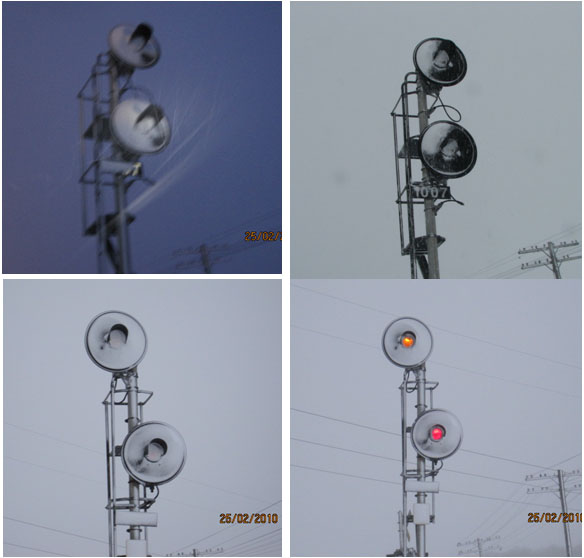 Top - Snow on signal lenses at home signal 1007 (25 February 2010 at 0700 and 1130). Bottom - Advance signal 971 before and after cleaning lenses