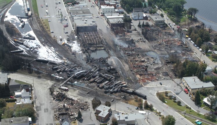 Aerial image of the Lac-Mégantic derailment site following the accident