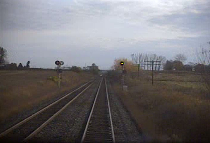 Still frame image of locomotive forward-facing video at 10:13:22
