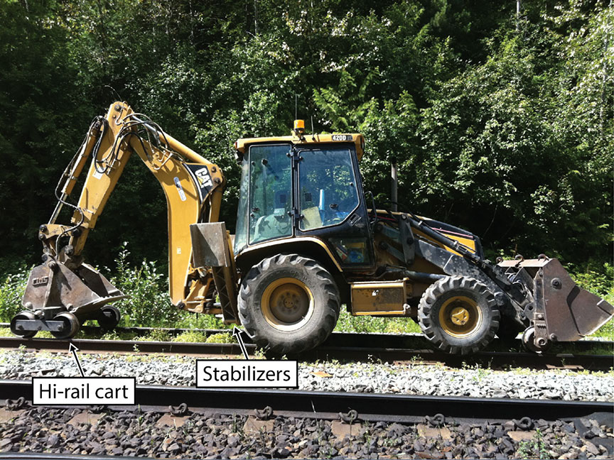 Similar backhoe with attached hi-rail–equipped cart