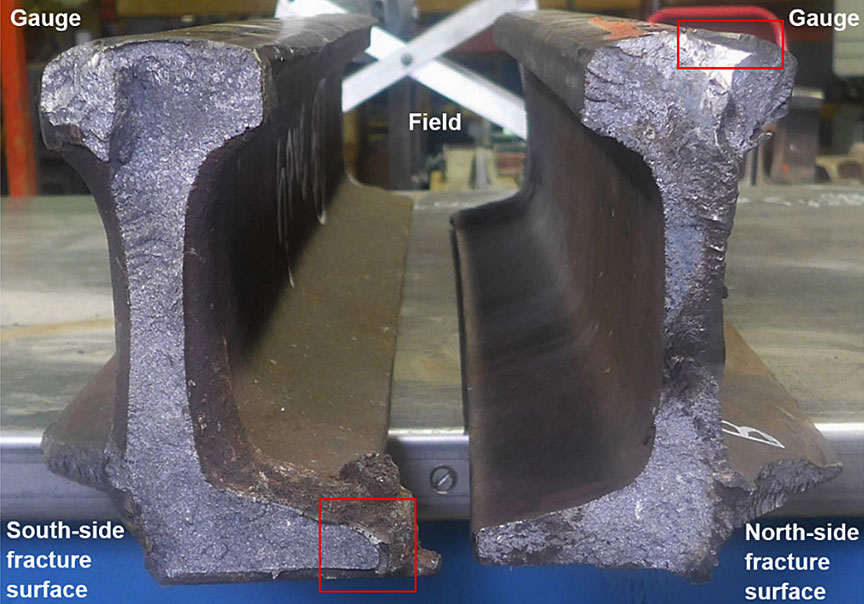 Exposed fracture surfaces showing probable fracture origin and impact
