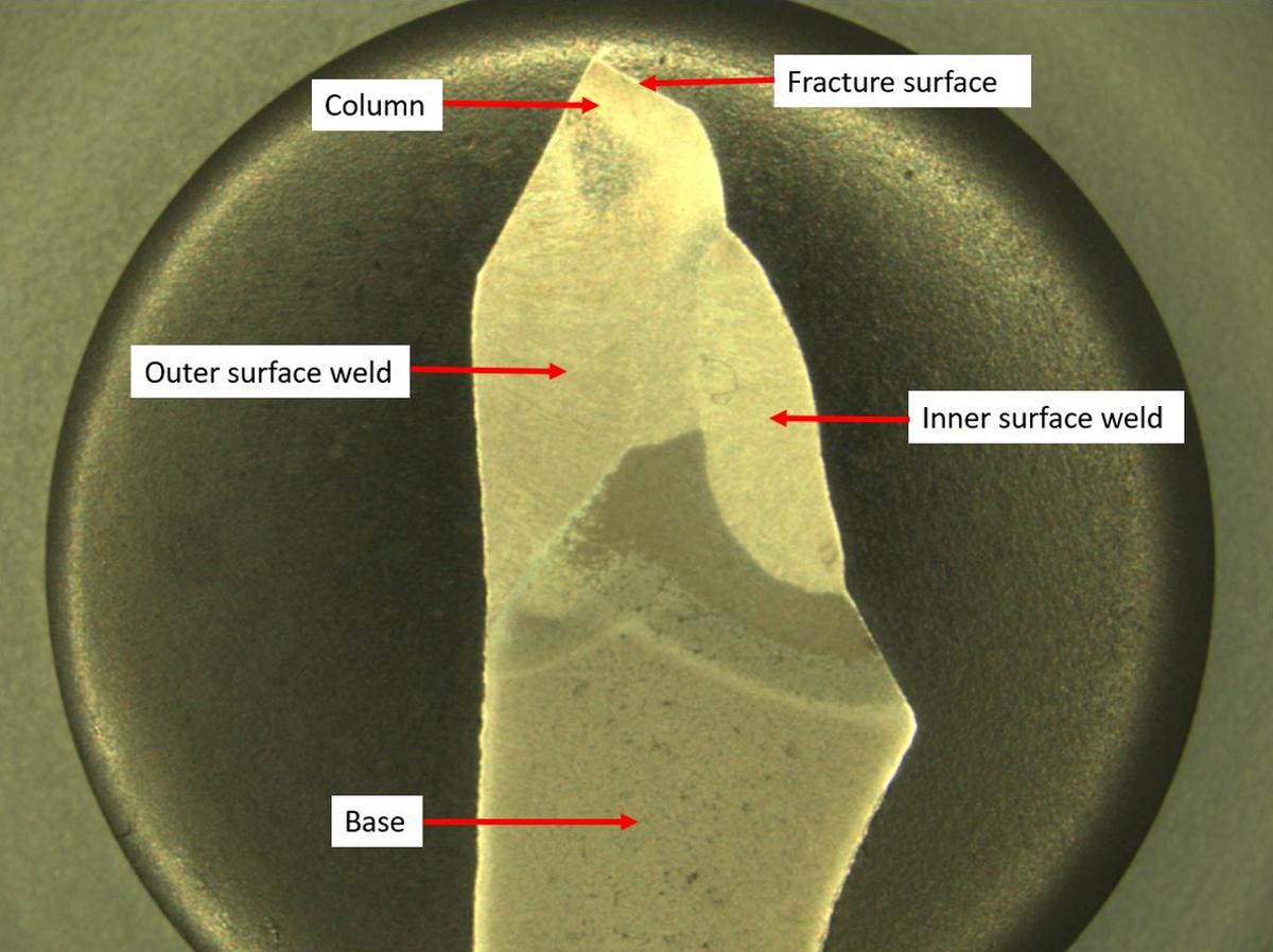 Cross-section of the weld, showing the fracture surface