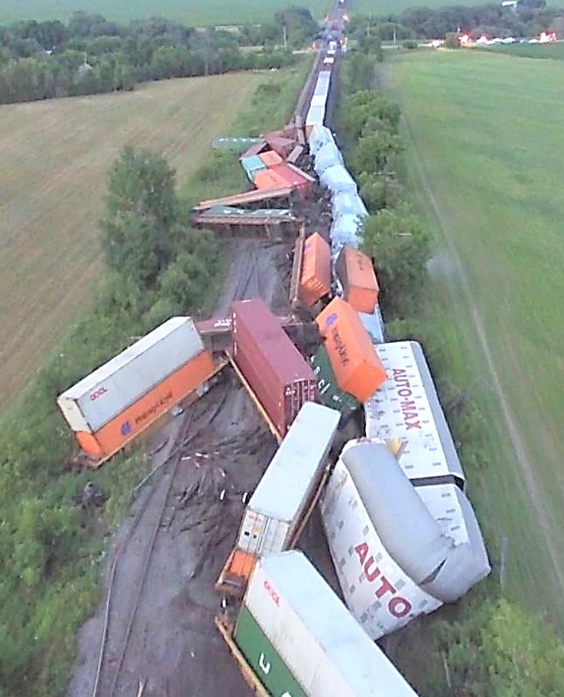 The 12 cars (24 platforms) that derailed about 700 feet west of Élie-Auclair Road crossing, looking east (Source: Third party, with permission)