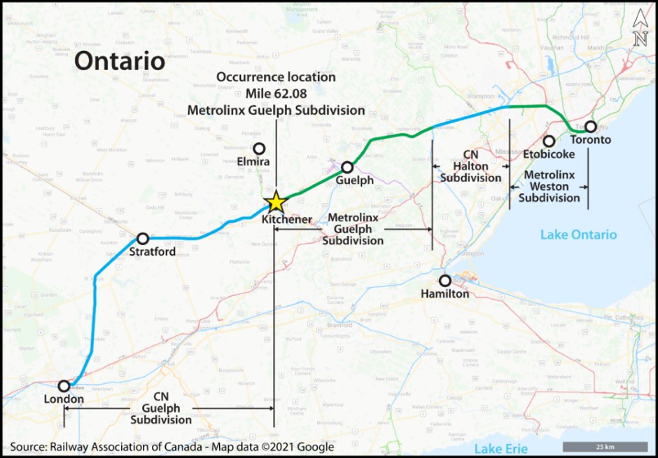 Map showing the GO 3919 route and the occurrence location (Source: Railway Association of Canada, Canadian Rail Atlas, with TSB annotations)