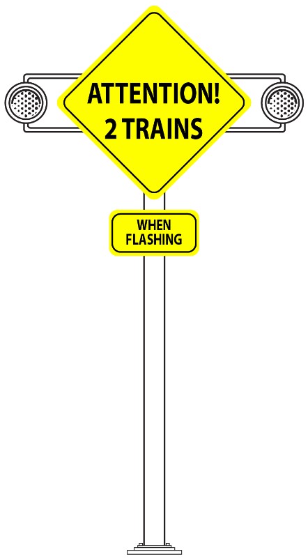 Static second-train event warning sign with flashing beacons sign (Source: TSB, based on Figure 17-2 of R. Stewart, R. Brownlee, and D. Stewart, TP 14228E, Second train warning at grade crossings (Transportation Development Centre, 2004)