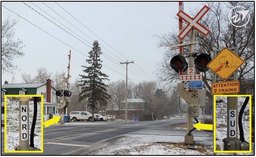 Saint-Féréol Road grade crossing, with inserted images showing the “NORD” and “SUD” stickers (Source: TSB)