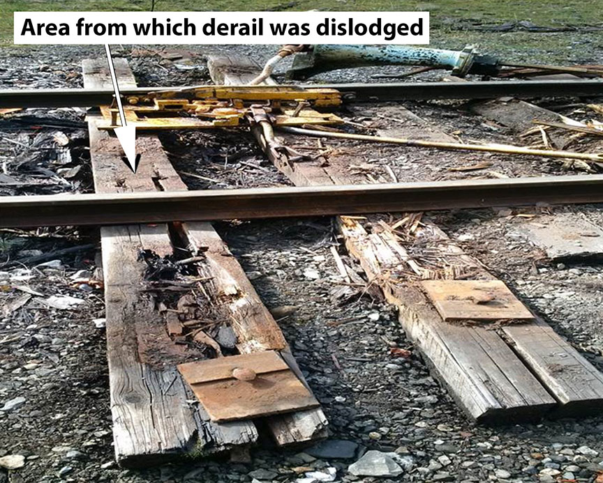 Image of the derail dislodged by the uncontrolled movement