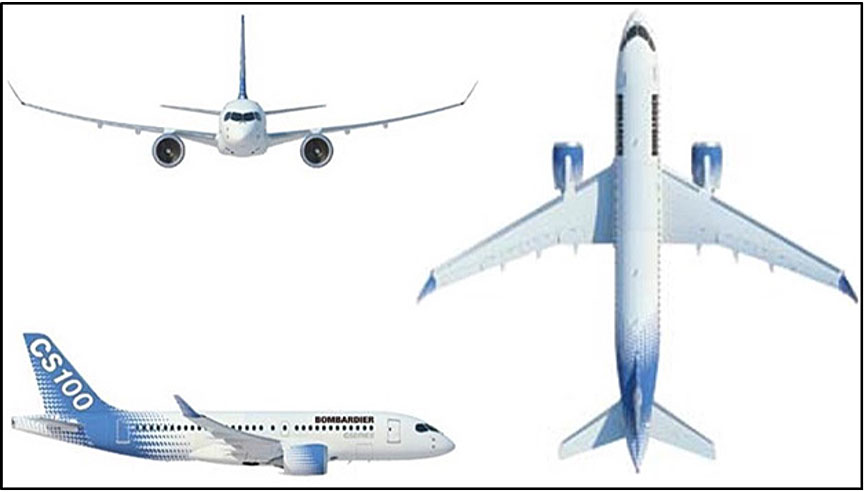 Trois vues de l'aéronef CS100 (Source: Bombardier Inc.)