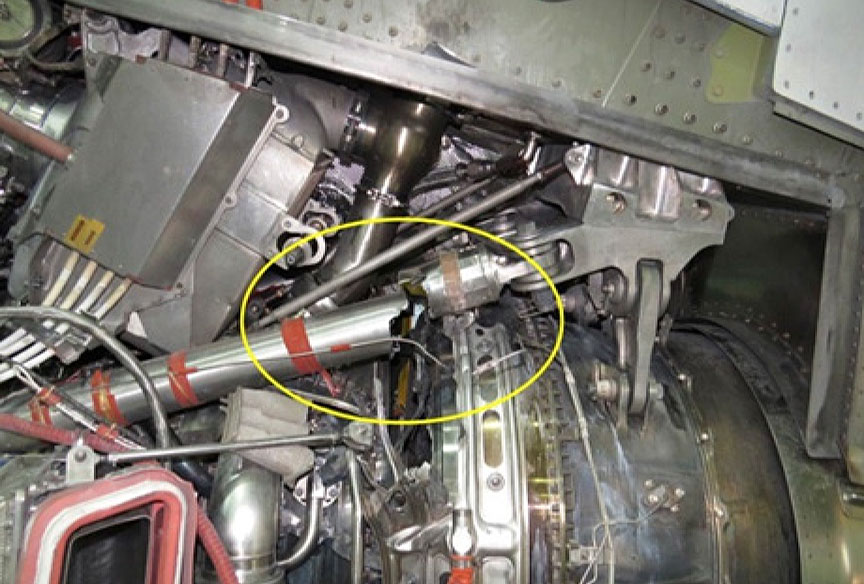 Dommages au palier de poussée extérieur du moteur gauche et aux boucles de détection d'incendie (Source : Bombardier Inc.)
